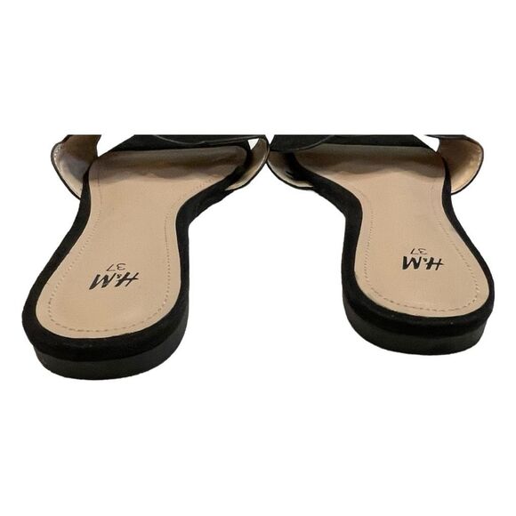 H&M Sandals Scalloped Black Faux Suede Flat Mules Slide Slip-On 37 / 7 - Picture 3 of 5